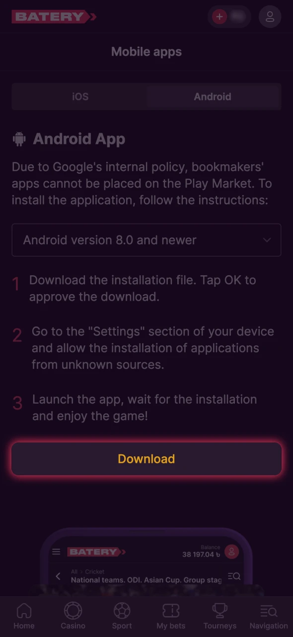Find the app section on Batery and press the download button.