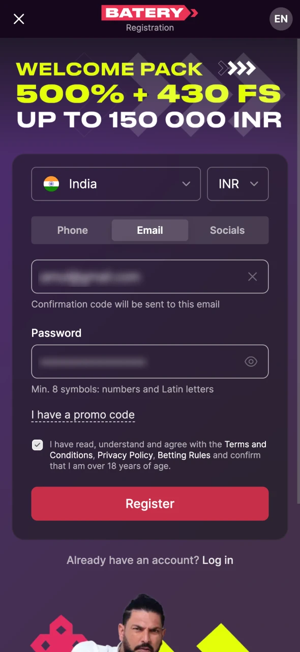 Start the registration process at Batery website.