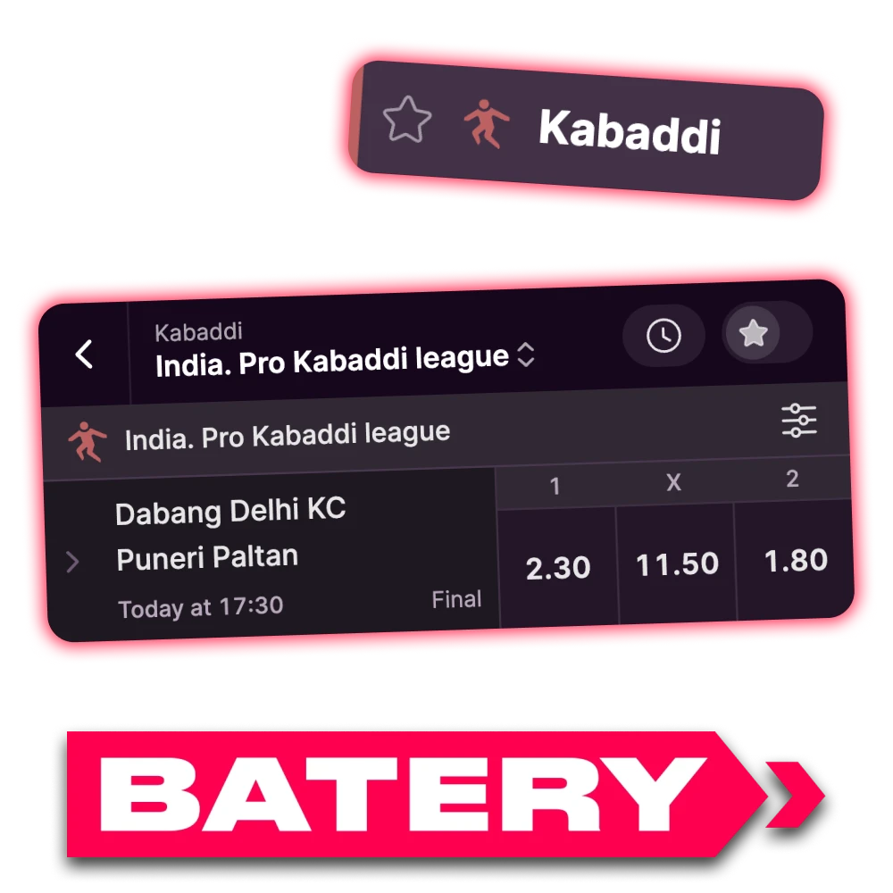 Enjoy kabaddi betting with Batery official platform and app.