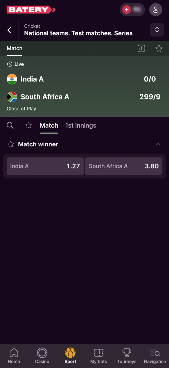 Choose the event you want to bet on at Batery site.