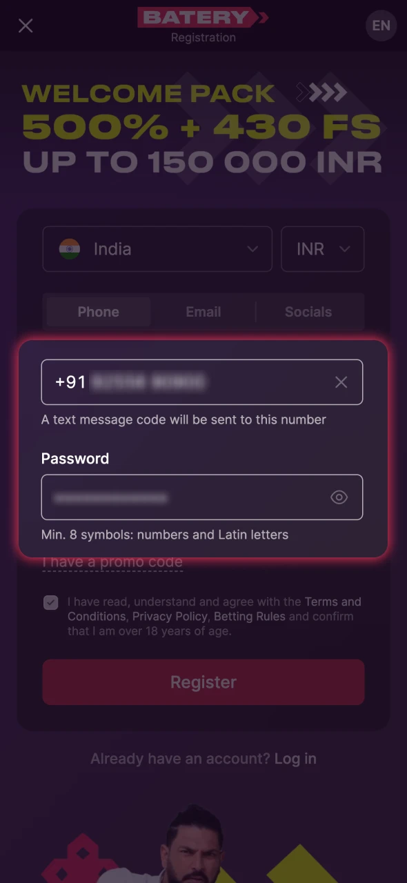 Enter the necessary information and create a password at Batery.