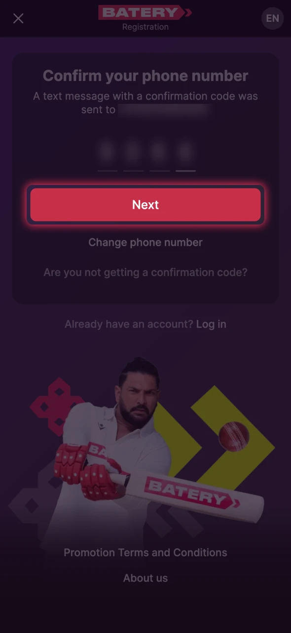 Click next to create an account at Batery platform.