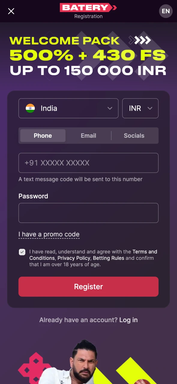 Open the registration form at Batery betting platform.