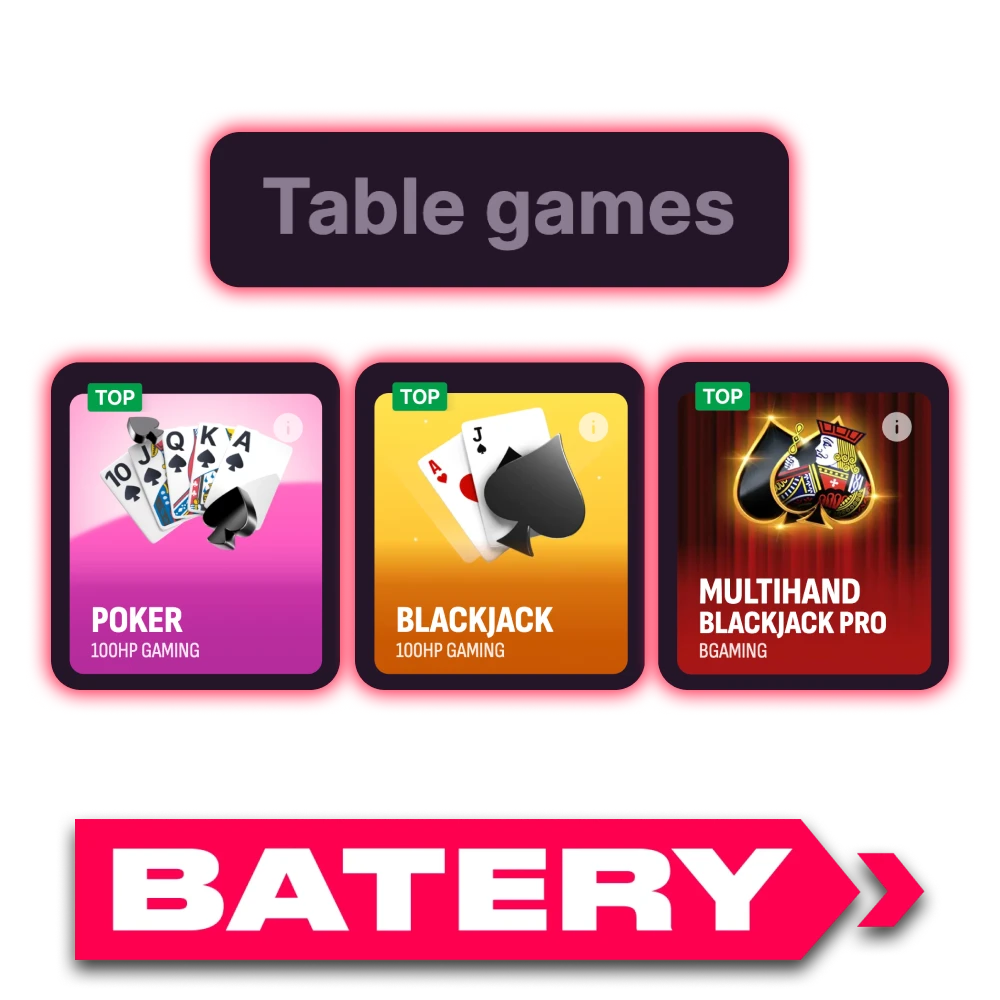 Play poker, blackjack, baccarat and more on Batery platform.