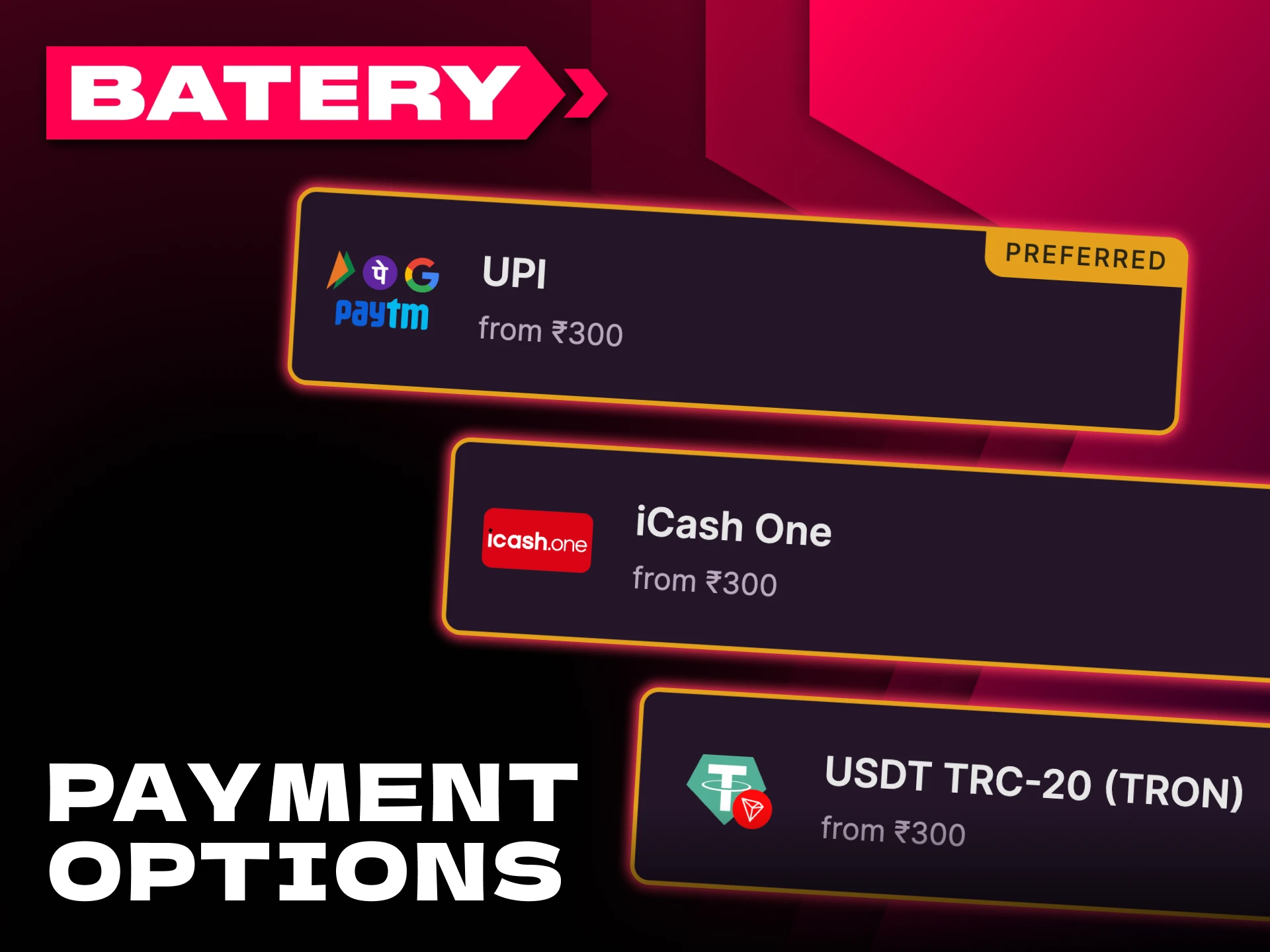 Deposit money into your Batery account with local and crypto methods.