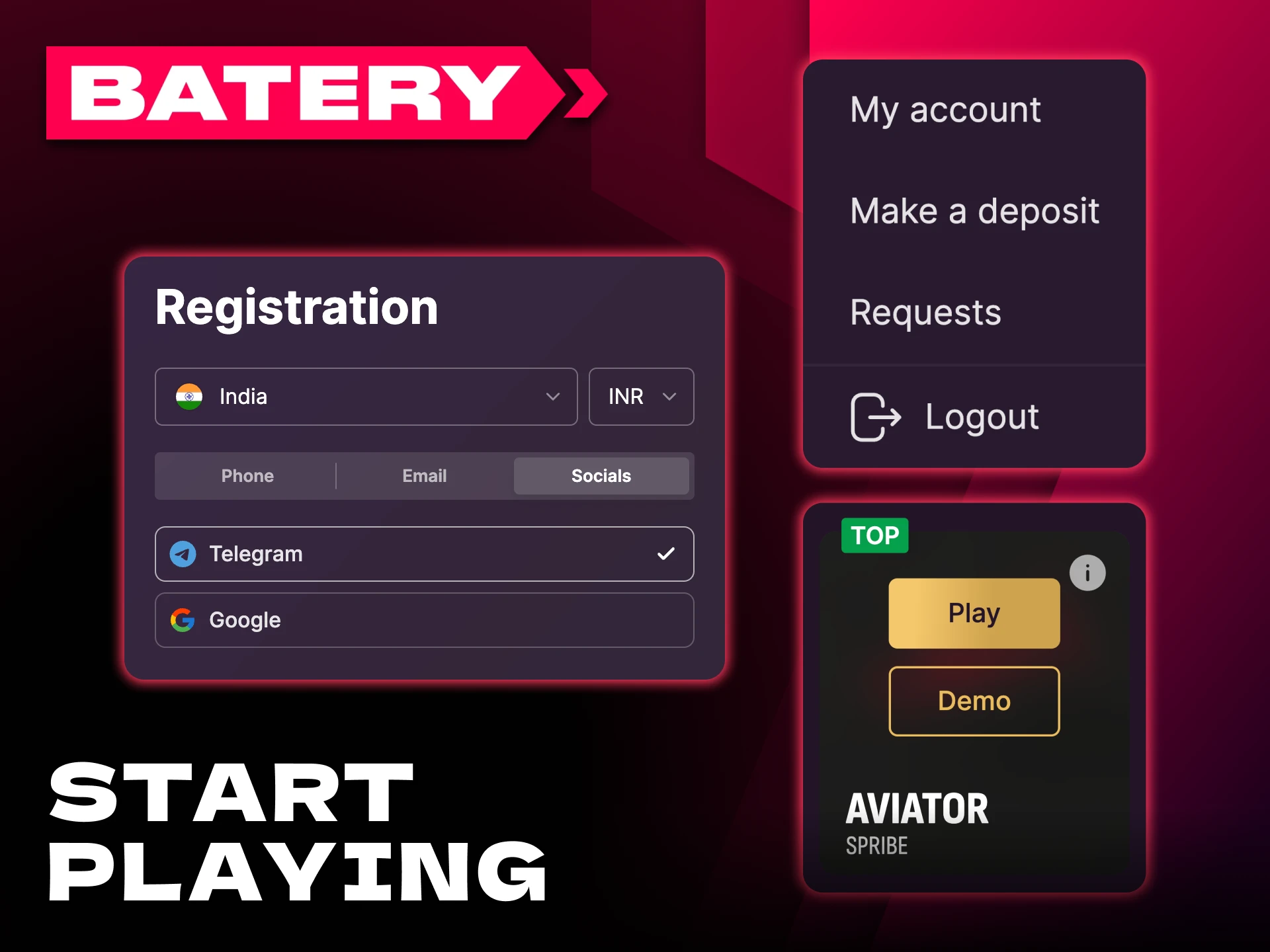 Follow instructions on how to start playing Batery Aviator.