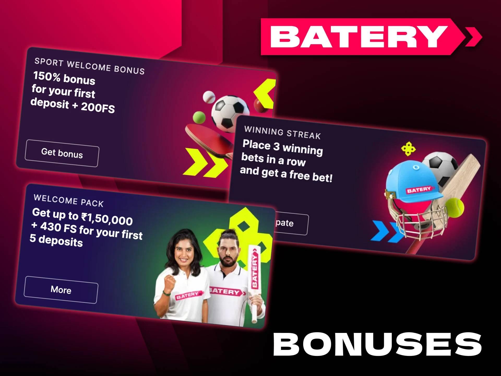 Batery platform provides a variety of cricket betting bonuses.