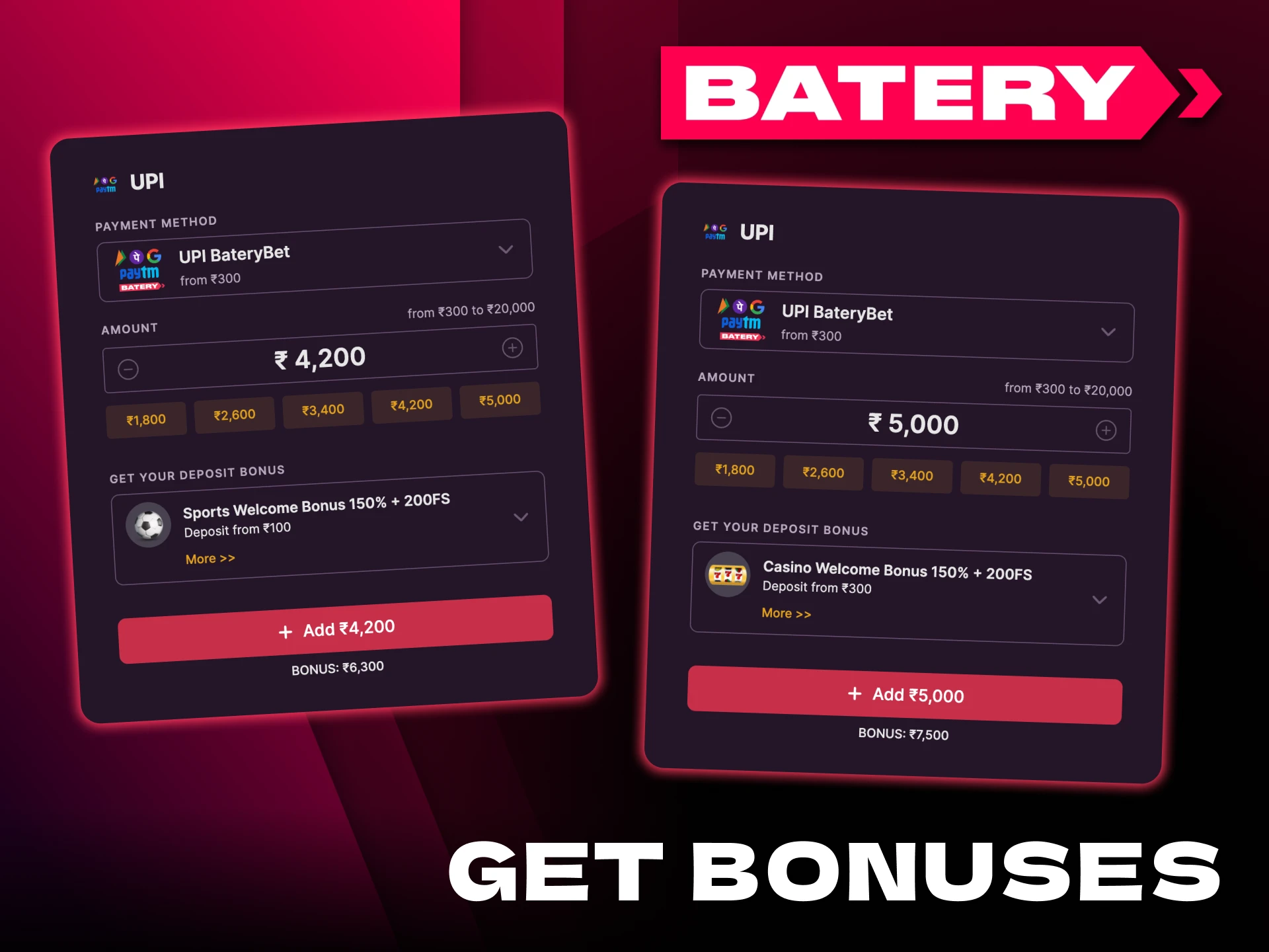 Batery provides two types of welcome deposit bonuses.