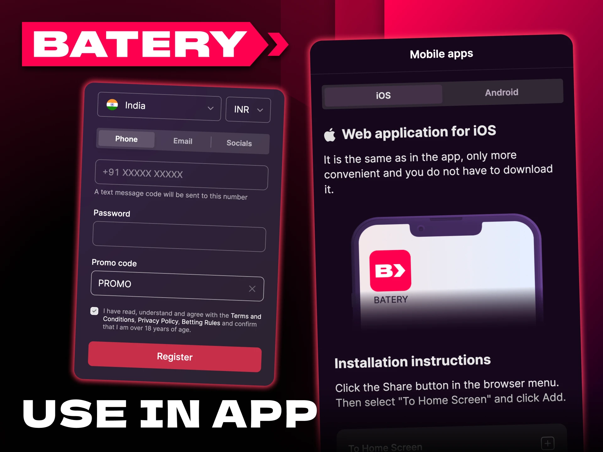 Activate Batery casino promo code directly in the app.