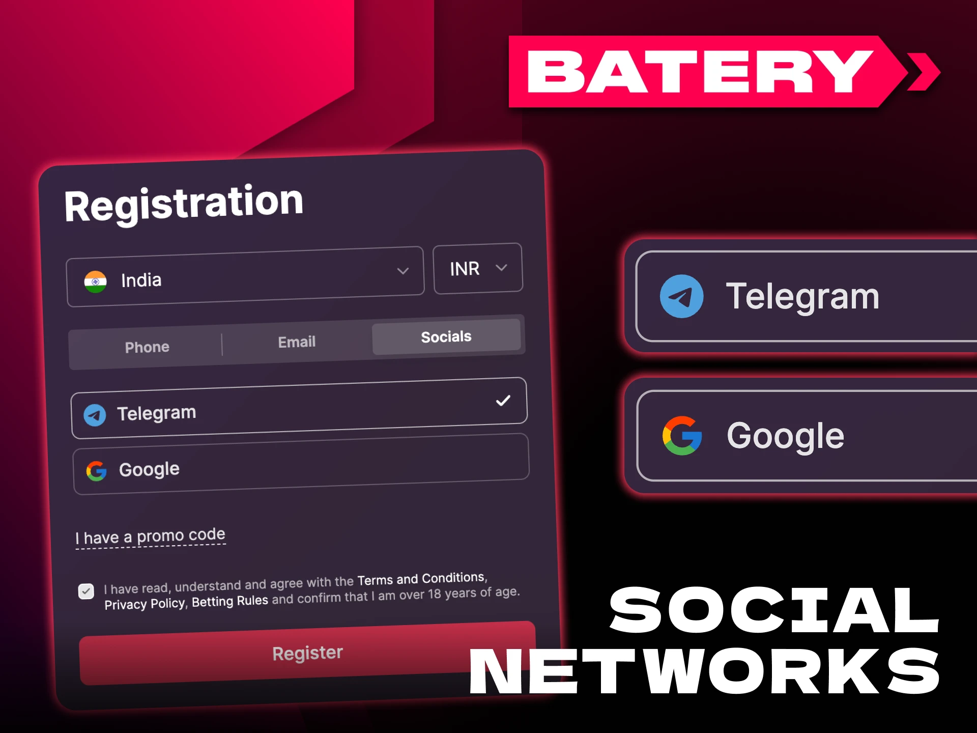 Batery platform offers registration via social networks.