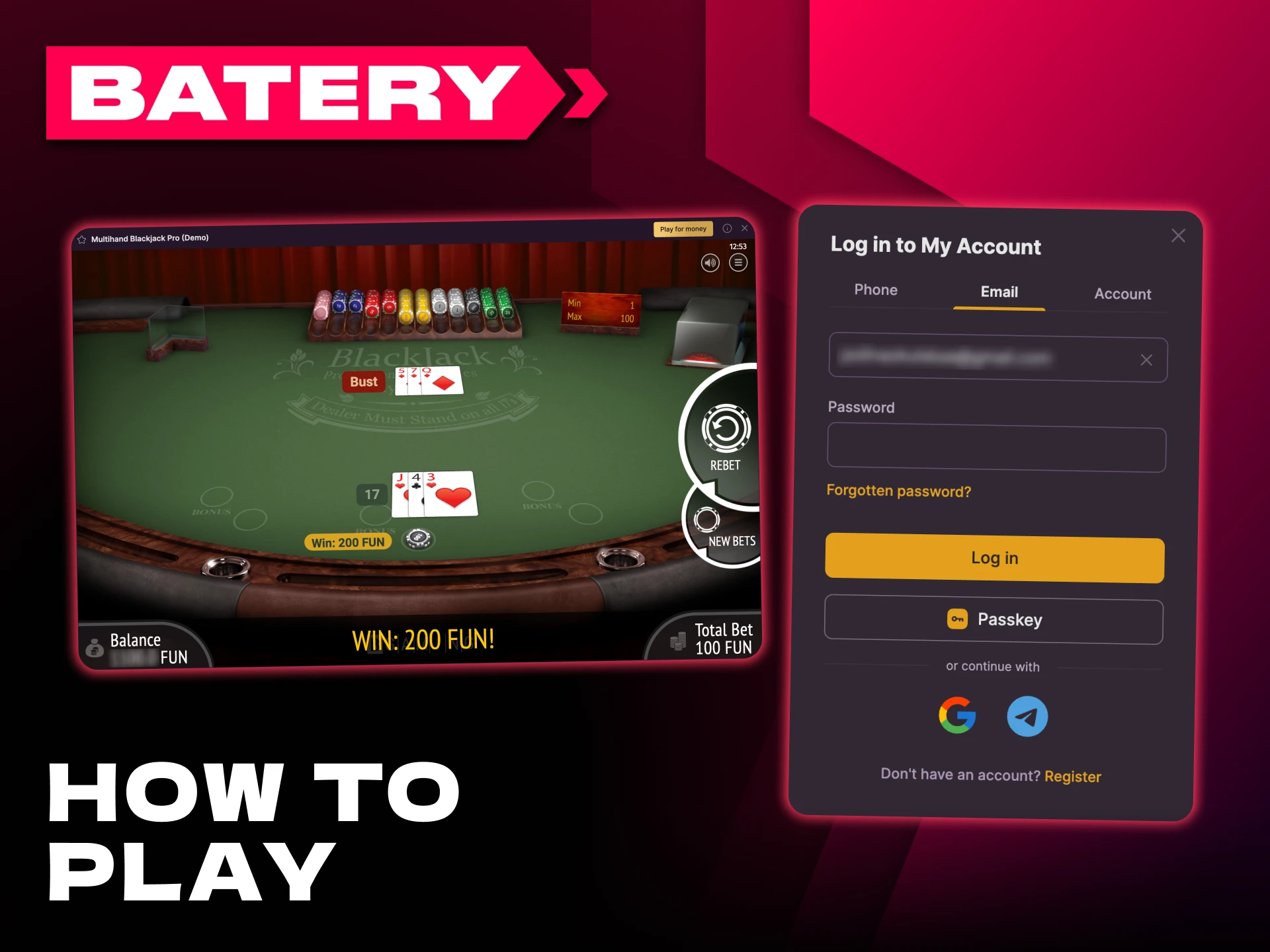 Follow the steps to start playing table games at Batery.