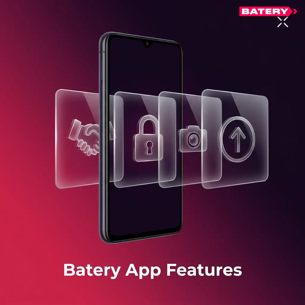 Batery app features including live betting, casino games, UPI deposits, withdrawals, and user profile tools for Indian players