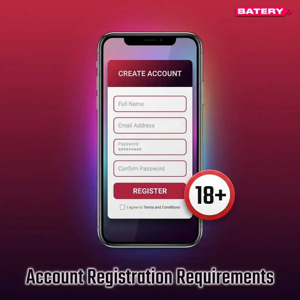 Batery account registration requirements showing age eligibility, jurisdiction rules, and single account policy for users