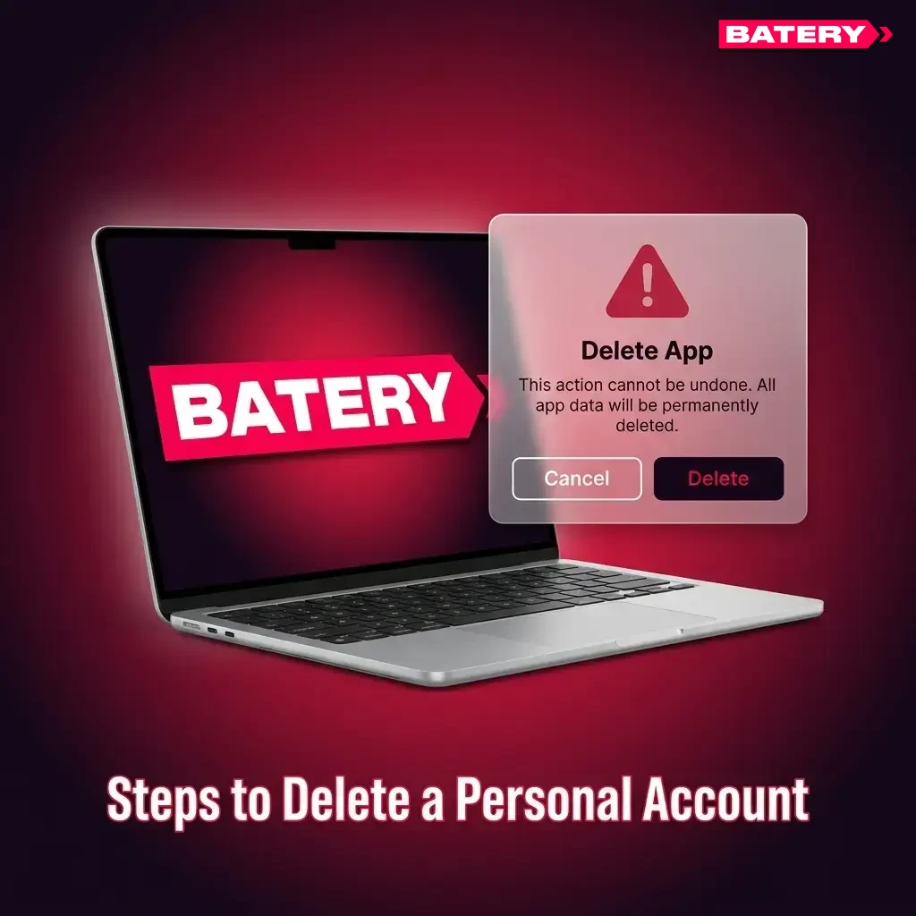 Steps to delete a personal account showing login, settings navigation, support contact, and account closure confirmation process