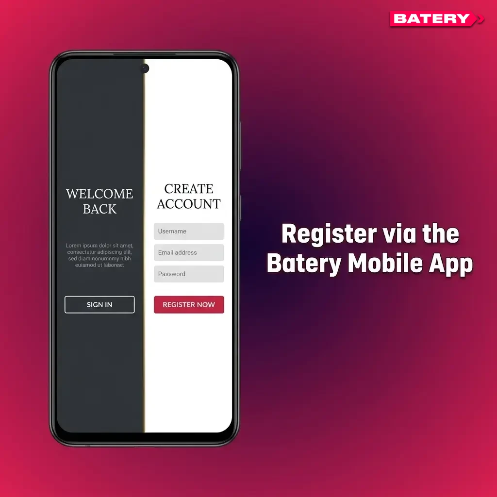 Batery mobile app registration screen showing sign-up options including phone, email, social media, and one-click on smartphone