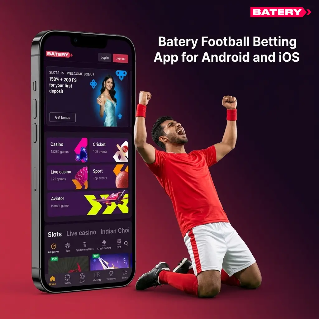 Batery football betting app interface on Android and iOS smartphones showing match markets and bet slip