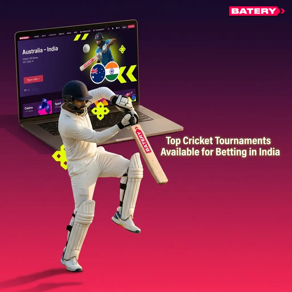 Top cricket tournaments for betting in India including IPL, ICC World Cup, The Ashes, and bilateral series on Batery
