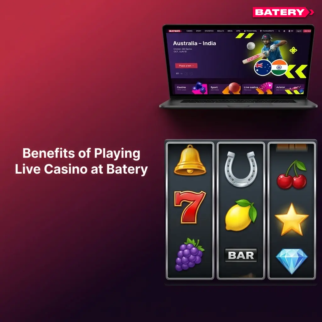 Benefits of playing live casino at Batery including real dealers, Indian games, flexible bets and mobile app access