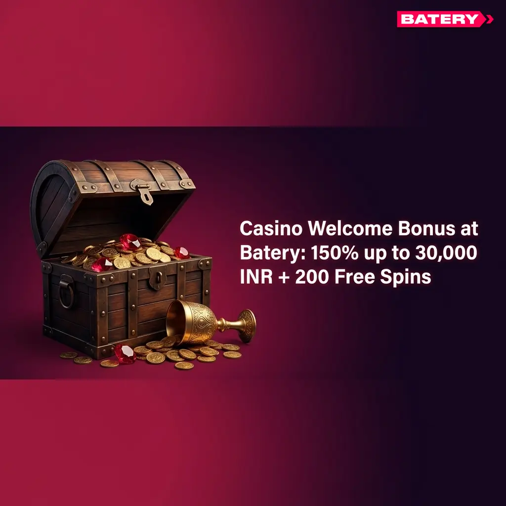 Batery Casino Welcome Bonus 150% up to 30,000 INR plus 200 Free Spins for new players