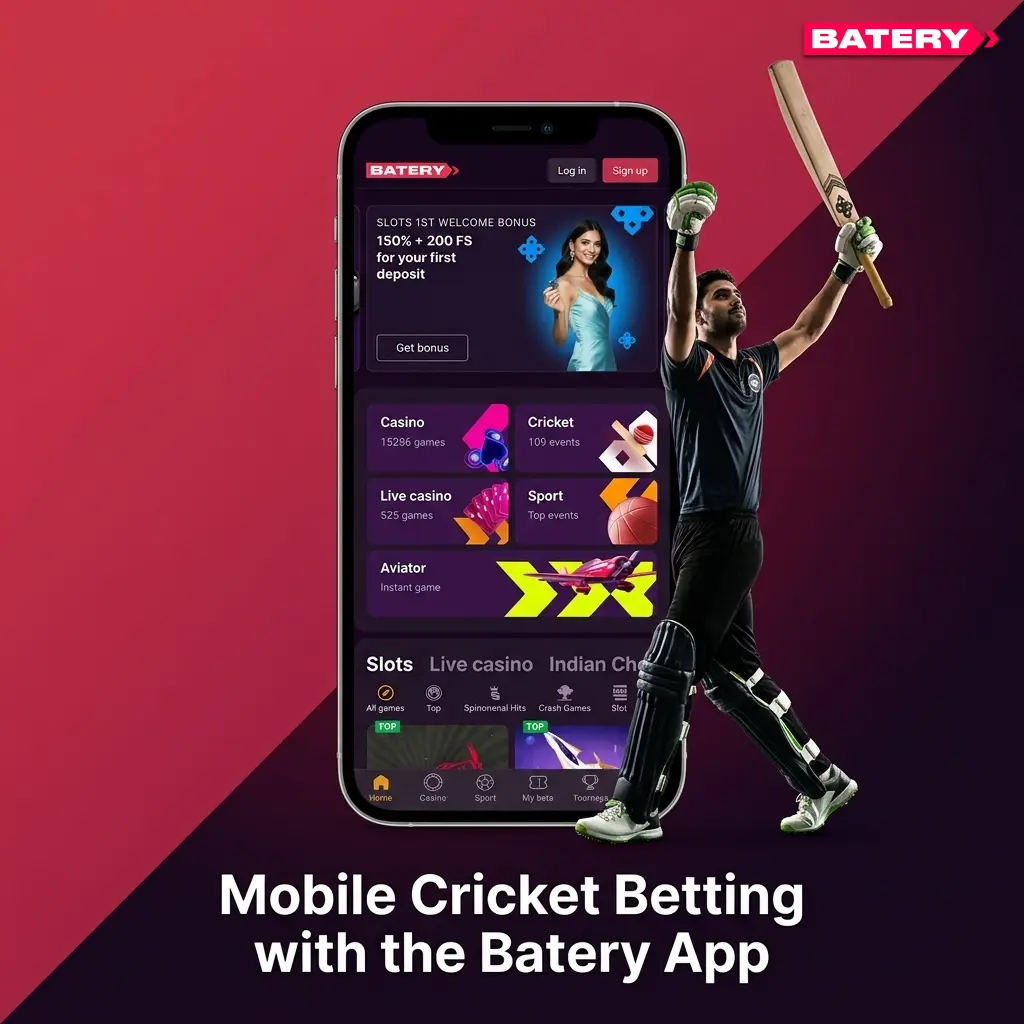 Mobile cricket betting with Batery app on Android and iOS devices for pre-match and live IPL betting in India