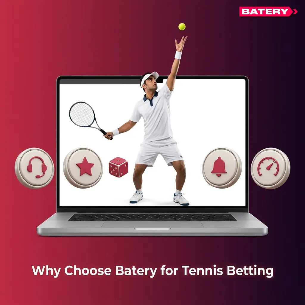 Batery tennis betting platform showing tournament coverage, live odds, and mobile app for Indian bettors